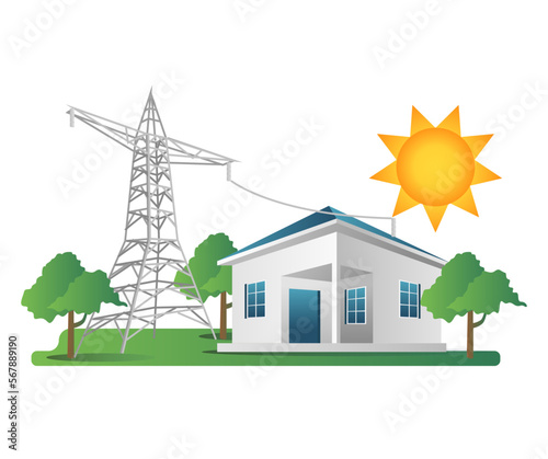 Flat isometric 3d illustration concept of house electricity pole lines