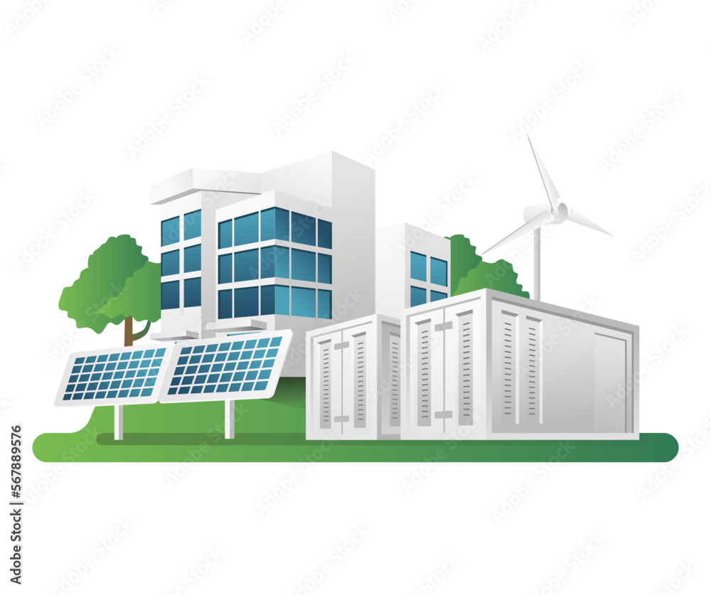 Flat isometric 3d illustration concept of city with solar panel battery ...