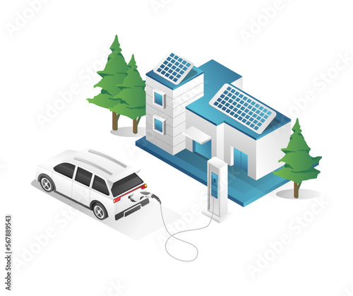 Flat isometric 3d illustration concept of electric car charging at home