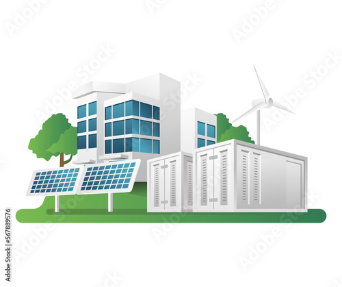 Flat isometric 3d illustration concept of city with solar panel battery energy