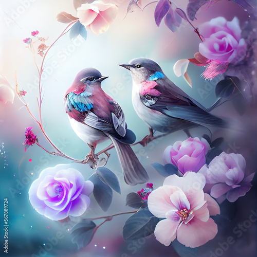 Generative AI:  colorful birds with flowers