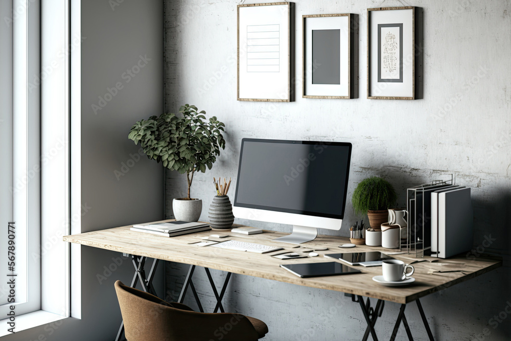 Fototapeta premium Shot of a chic home office with a laptop with a blank screen, stationery, and decorations on a white table against a grey loft wall. Generative AI