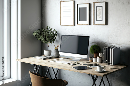 Shot of a chic home office with a laptop with a blank screen, stationery, and decorations on a white table against a grey loft wall. Generative AI © AkuAku