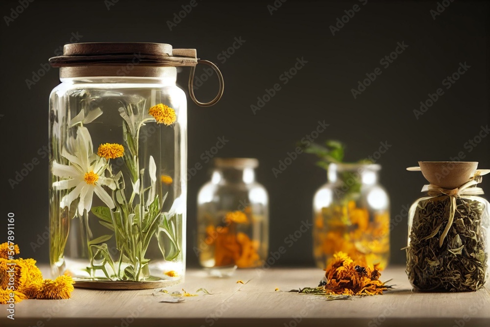 Filter tea bags filled with medicinal herbs. Glass jar of dry calendula ...