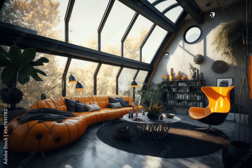 beautiful futuristic living room, orange leather sofas, vases with ...