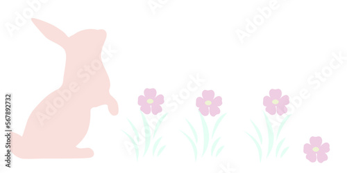 Pink bunny silhouette and pink flowers and grass. Easter banner , postcard .Spring illustration 