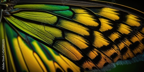 Butterfly Wing - closeup butterfly wing yellow black green. iridescent, background wallpaper texture