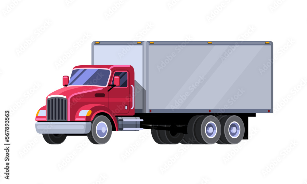 Classic box truck with front engine. Front side view clipart drawing in flat color. Isolated red truck vector illustration. Cube vehicle. Classic box truck with front engine. Front side view clipart drawing in flat color. Isolated red truck vector illustration. Cube vehicle.