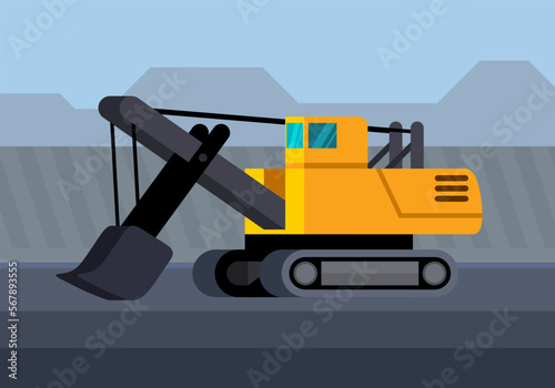 Power shovel excavator minimalistic icon. Construction equipment vector. Heavy equipment vehicle. Color icon illustration on color background.