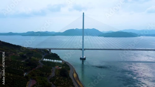 広島県尾道市　瀬戸田のレモン畑としまなみ海道 の空撮
Aerial view of lemon groves in Setoda and the Shimanami Sea Route, Onomichi, Hiroshima.