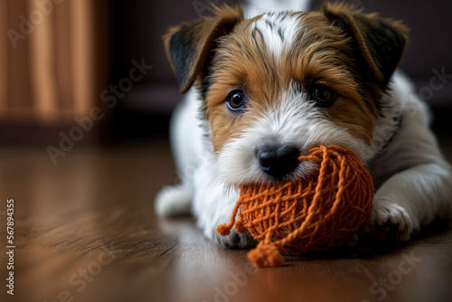 Playing with an orange rubber ball is a cute wire haired Jack Russell puppy that is four months old. Cute pup with a rough coat gnawing on a toy on a hardwood floor. Close up, copy space, and a backgr