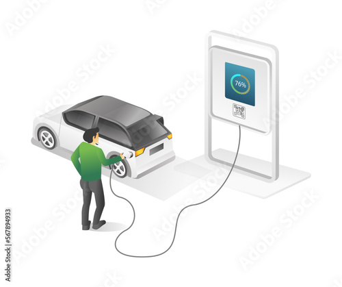 Flat concept isometric 3d illustration of man cashing electric car