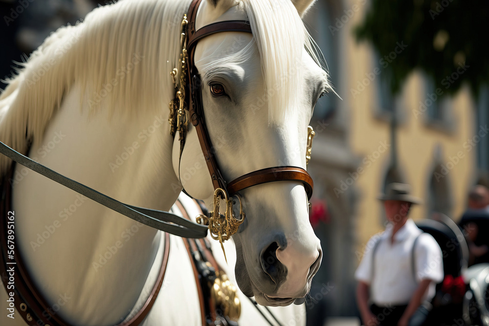 a close up of a fiddler's horse heads in Vienna, Austria. Generative AI