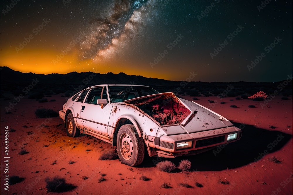 A classic 1986 Nissan 300ZX Turbo Hatchback in the middle of the desert at night, image created with Generative AI technology.