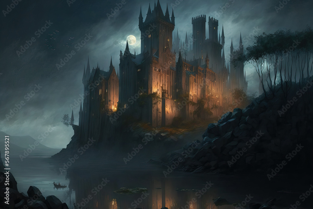 Castle from the Dark Knight fantasy era. Digital and oil paintings. Generative AI
