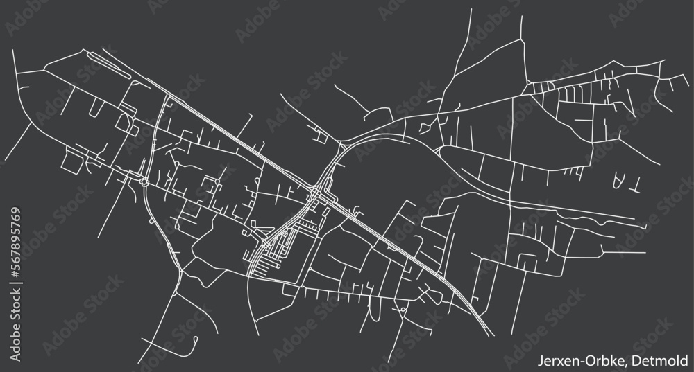 Detailed negative navigation white lines urban street roads map of the JERXEN-ORBKE DISTRICT of the German town of DETMOLD, Germany on dark gray background