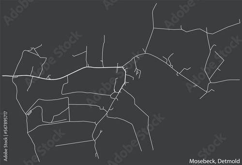 Detailed negative navigation white lines urban street roads map of the MOSEBECK DISTRICT of the German town of DETMOLD, Germany on dark gray background