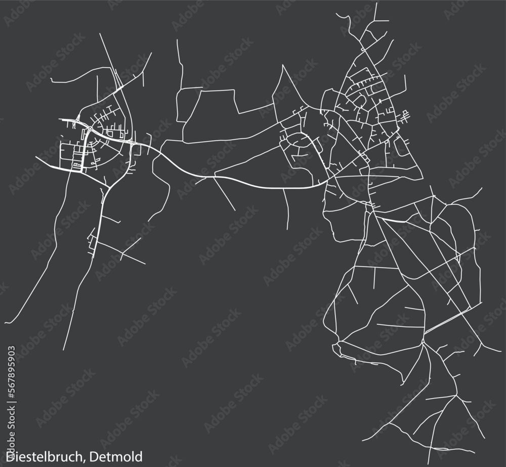 Detailed negative navigation white lines urban street roads map of the DIESTELBRUCH DISTRICT of the German town of DETMOLD, Germany on dark gray background