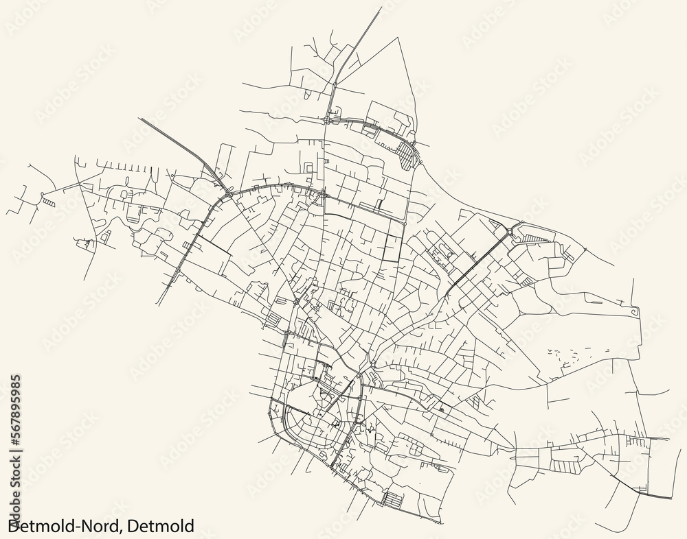 Detailed navigation black lines urban street roads map of the DETMOLD-NORD DISTRICT of the German town of DETMOLD, Germany on vintage beige background