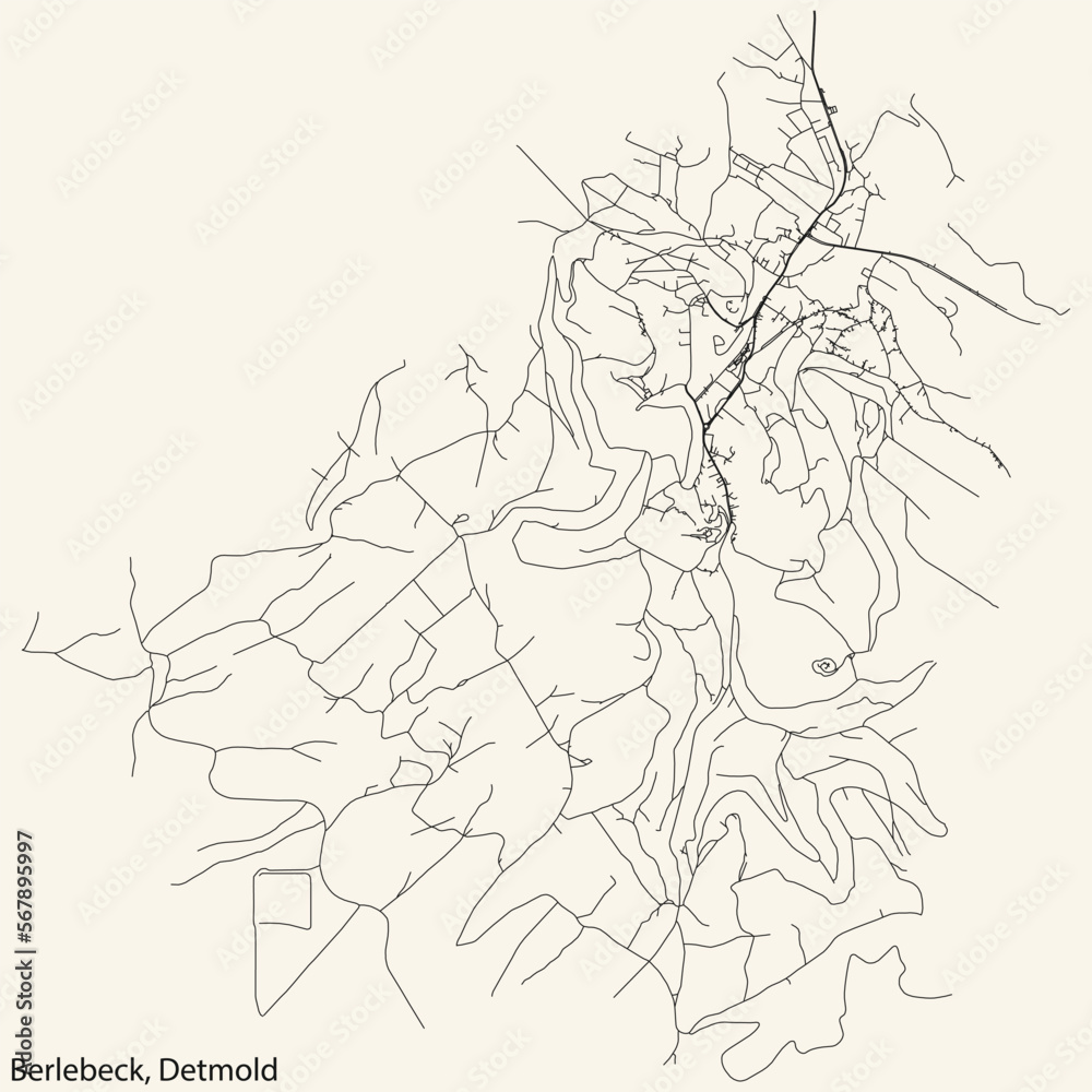 Detailed navigation black lines urban street roads map of the BERLEBECK DISTRICT of the German town of DETMOLD, Germany on vintage beige background