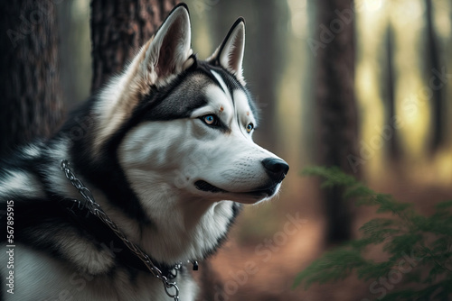 Portrait of a black, gray, and white Siberian Husky dog with an adorable barking sled dog breed. Walking with a lovely adult pet, friendly husky dog side view picture outdoor, forest background