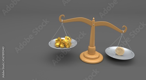 scale weighing gold nuggets and a Bitcoin coin (3d illustration)