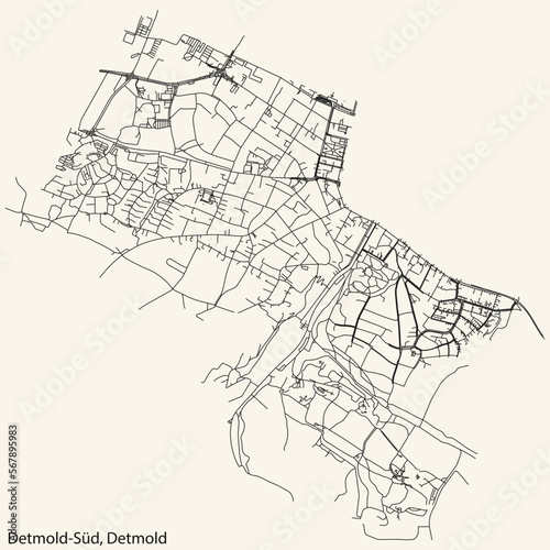 Detailed navigation black lines urban street roads map of the DETMOLD-SÜD DISTRICT of the German town of DETMOLD, Germany on vintage beige background