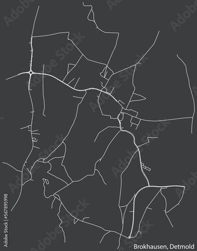 Detailed negative navigation white lines urban street roads map of the BROKHAUSEN DISTRICT of the German town of DETMOLD, Germany on dark gray background
