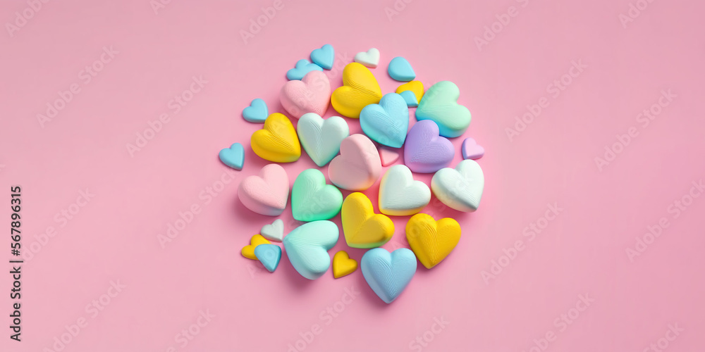 Colorful hearts like candies centered on pink background. Banner with place for text. Valentine's Day greeting card. Generative AI.