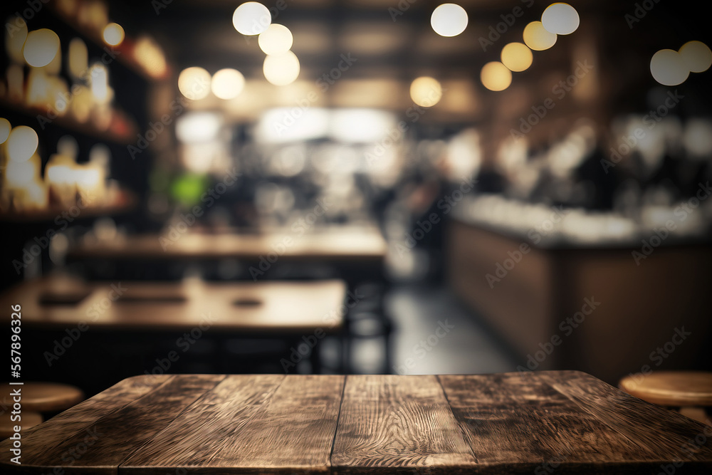 Dark wooden table with no one at it in front of restaurant background with an abstract bokeh effect. might be employed to montage or display your merchandise. For space, mock up. Generative AI