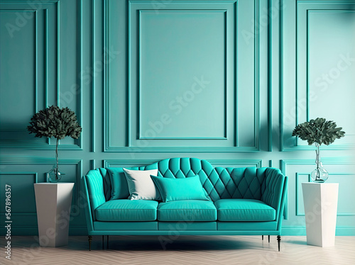 Сhic luxury living room with bright color of tiffany or turquoise, teal, azure. Minimalist style interior design lounge space. Empty mockup wall for art. Mint couch and paint wall. Generative AI photo