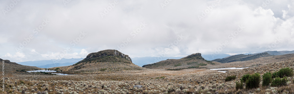 Rocky paramo landscape with fog in a cloudy day