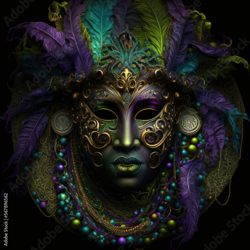 a colorful venetian mask with feathers on dark background  Generative AI
