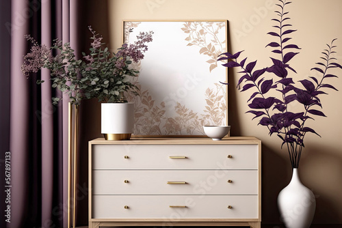 Japandi living room in purple and beige tones. Wooden chest of drawers with frame mockup. Marble floor and wallpaper. Modern interior design, 3d illustration. Generative AI