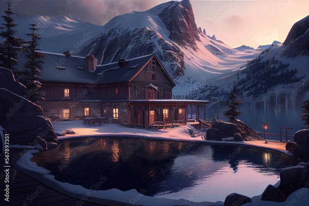 Fototapeta premium A resort in the snow mountains, the midnight sun over hot springs