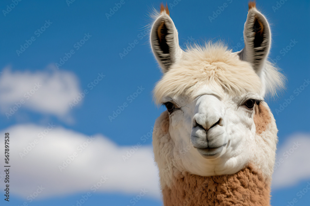 White alpaca portrait against a sky blue backdrop. camelid from South America. Generative AI