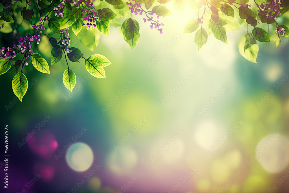 Spring or summer background, bokeh, leaves and branches. Generative AI