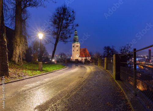 Old church in night illumination in Salzburg.