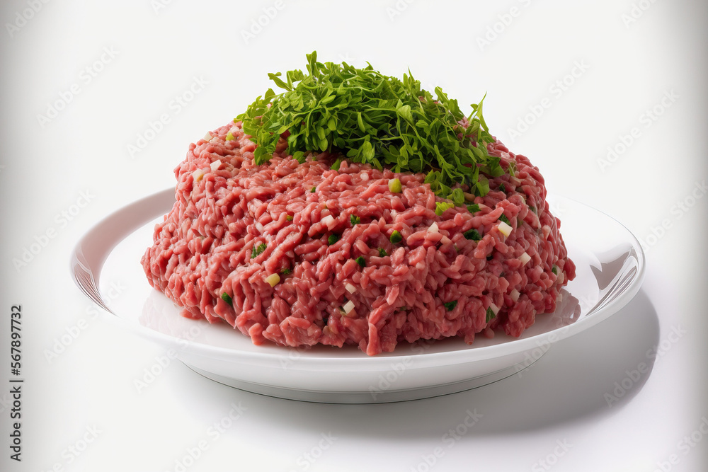 minced beef, white background, solitary. Generative AI minced beef, white background, solitary. Generative AI