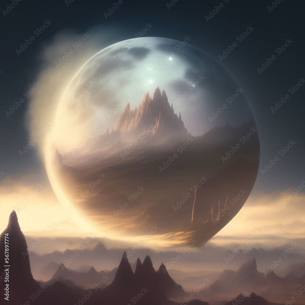Generative AI:  landscape with castle and a full moon in the sky