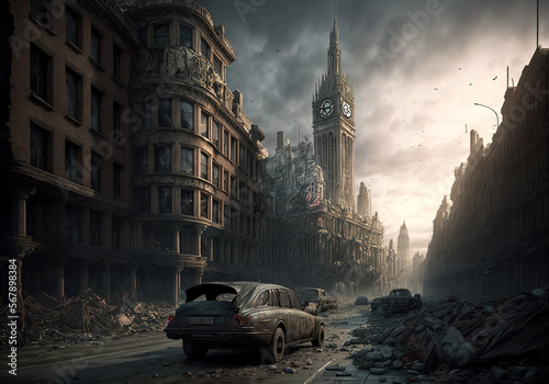 Apocalyptic fiction view of destroyed city, post apocalypse after world war in Europe photo