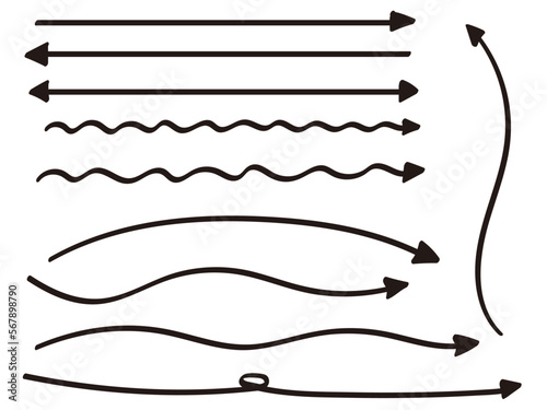マーカーで描いたような手書きの長い矢印セット　先端が三角形の形