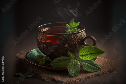 Hot tea with sugar, dried tea leaves, and mint. Generative AI photo