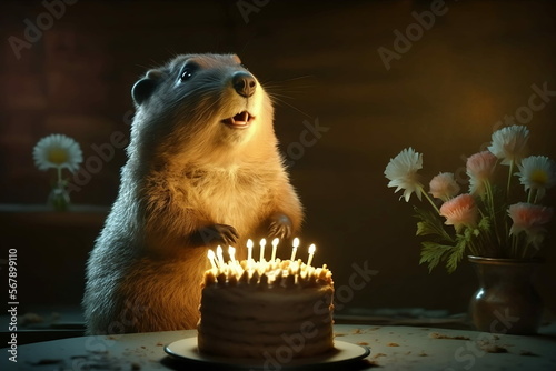 groundhog with a birthday cake made with generative ai