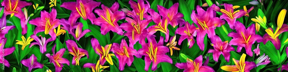 Colorful tropical lilies in a variety of tropical colors - fun and exotic floral panoramic image made by generative AI Colorful tropical lilies in a variety of tropical colors - fun and exotic floral panoramic image made by generative AI