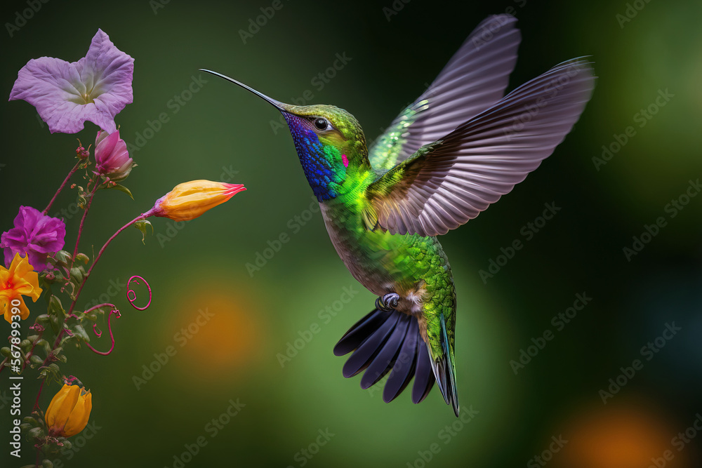 Fototapeta premium Green violet ear hummingbird (Colibri thalassinus) flying to a lovely flower to collect nectar in San Gerardo del Dota, Savegre, Costa Rica. Natural action scene with fauna. Generative AI