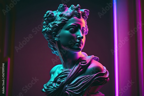 Sculpture of an abstract greek deity, done in the colors and style of vaporwave-era city pop art. Generative AI.