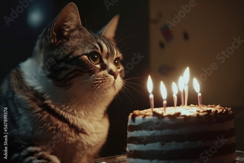 cat with a birthday cake made with generative ai