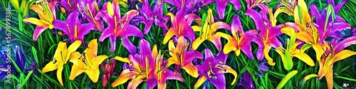 Colorful tropical lilies in a variety of tropical colors - fun and exotic floral panoramic image made by generative AI