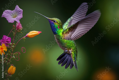 Green violet ear hummingbird (Colibri thalassinus) flying to a lovely flower to collect nectar in San Gerardo del Dota, Savegre, Costa Rica. Natural action scene with fauna. Generative AI